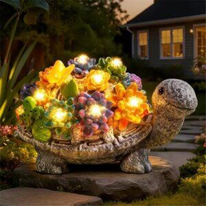 Solar Garden Statues, Outdoor Solar Turtle Decor with Succulent and 8 LED